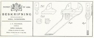 [1892 Johansson Adjustable Wrench Patent No. 4066]
