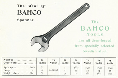 [1926 Catalog Listing for BAHCO Adjustable Wrenches]