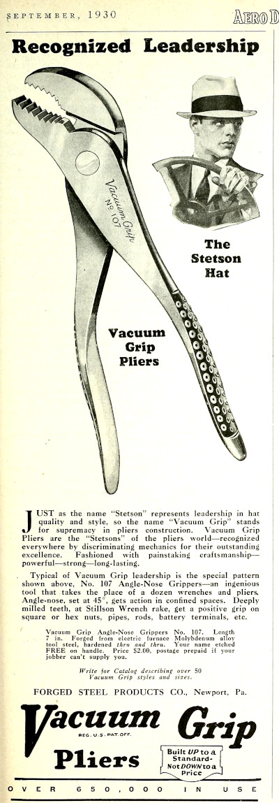 [1930 Ad for Vacuum Grip No. 107 Pliers]