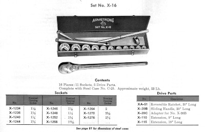 [1973 Catalog Listing for Armstrong X-16 1 Inch Drive Socket Set]