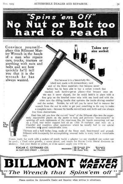 [May 1919 Ad for Billmont Master Wrench]