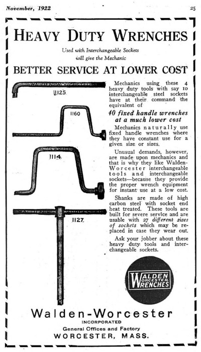 [1922 Ad for Walden Interechangeable Sockets Tools]