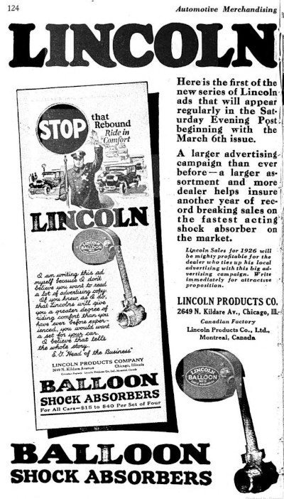 [1926 Ad for Lincoln Balloon Shock Absorbers]