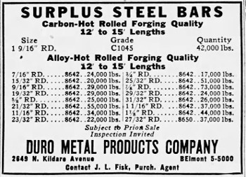 [1949 Advertisement for Surplus Steel Stock]