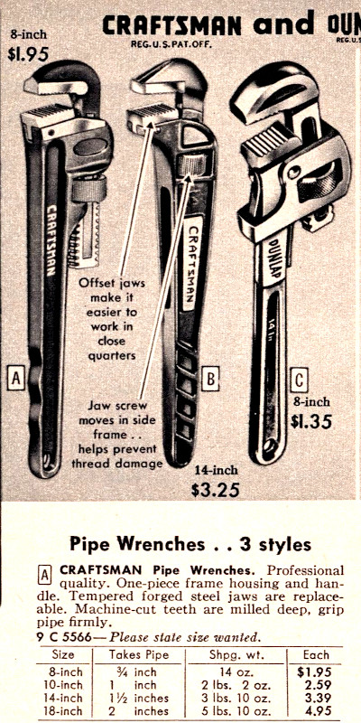 [1954 Catalog Listing for Craftsman Pipe Wrenches]