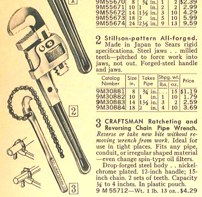 [1966 Catalog Listing for Sears Stillson Pipe Wrenches]