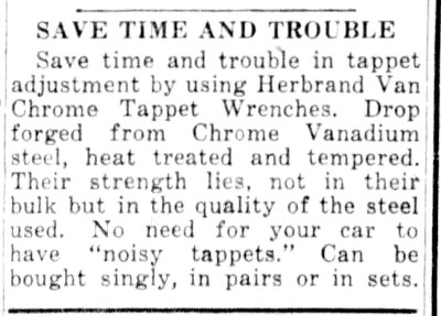[1924 Ad for Herbrand Van Chrome Tappet Wrenches]