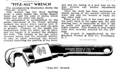 [1912 Notice for FITZALL Wedge-Adjusting Wrench]