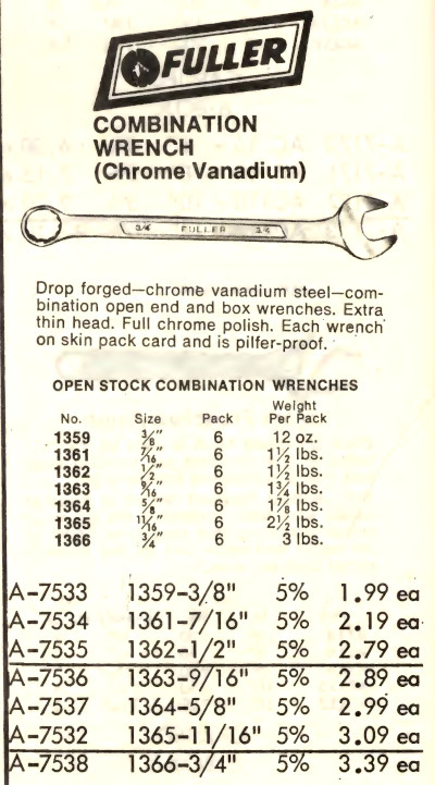 [1979 Catalog Listing for Fuller Combination Wrenches]