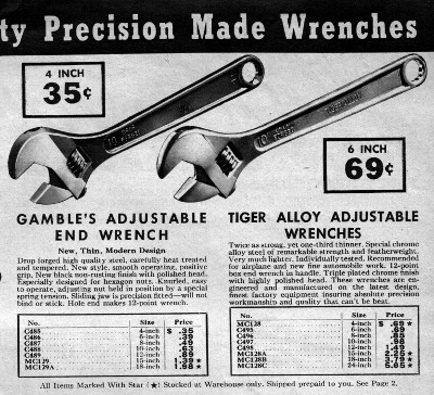 [1940 Catalog Listing for Tiger Alloy Adjustable Wrenches]