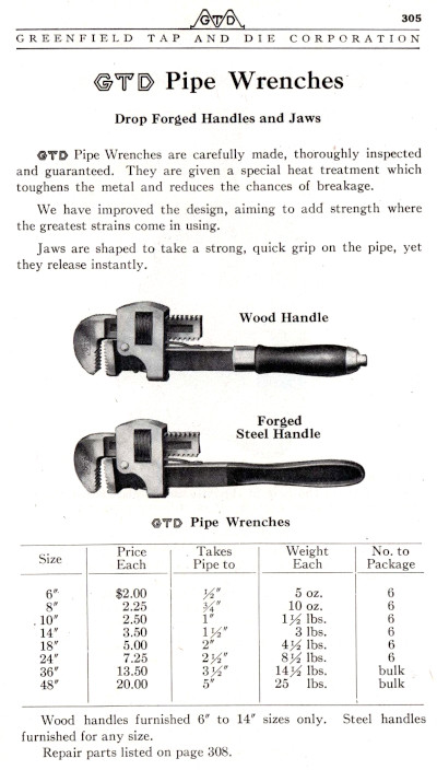 [1921 Catalog Listing for GTD Stillson-Pattern Pipe Wrenches]