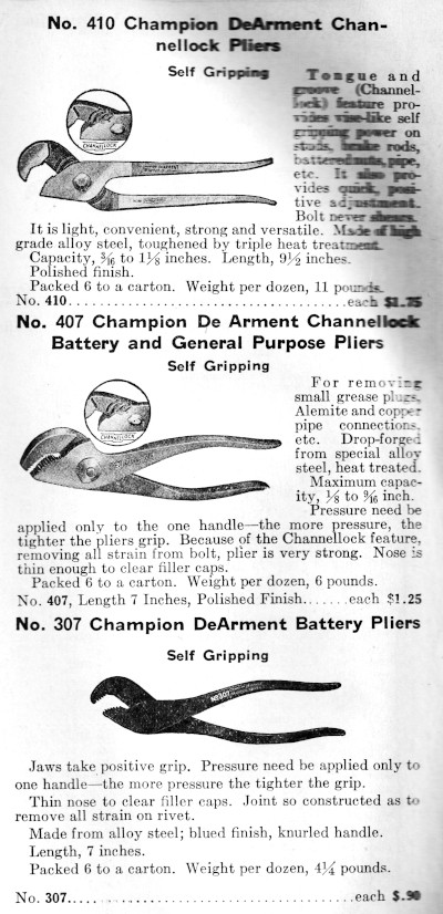 [1936 Catalog Listing for Champion DeArment Channellock Pliers]