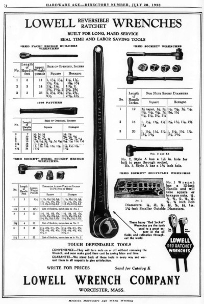 [1938 Directory Listing for Lowell Wrench Company]