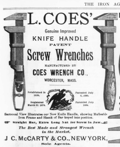 [1888 Advertisement for L. Coes Knife Handle Wrenches]