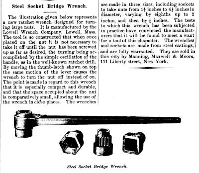 [1888 Notice for Lowell Wrench Company Bridge Ratchet Wrench]