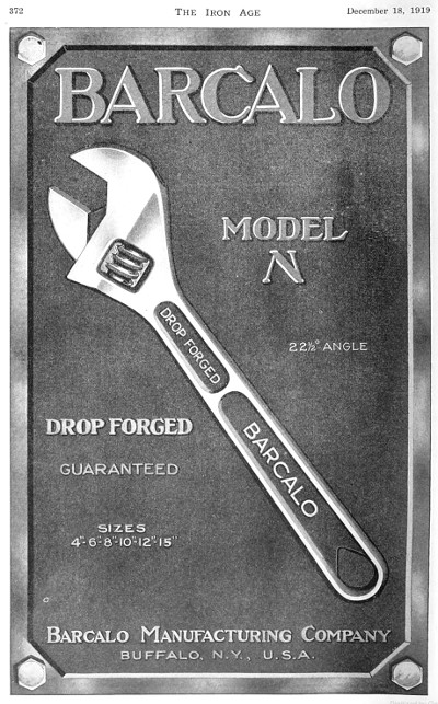 [1919 Ad for Barcalo Adjustable Wrench]