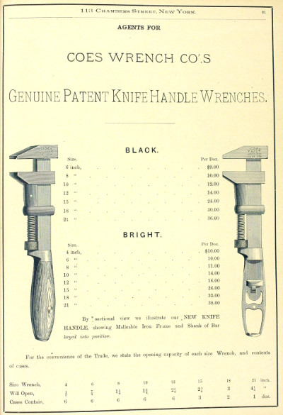 [1891 Catalog Listing for Coes Wrenches]