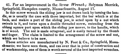 [1836 Notice for Merrick Patent Wrench]