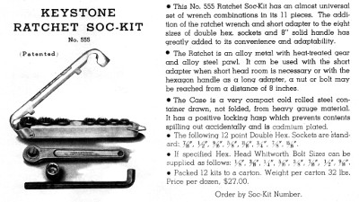 [1930s Catalog Listing for Keystone No. 555 1/2-Hex Drive Socket Set]