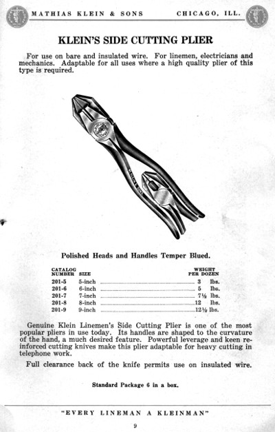 [1926 Catalog Listing for Klein No. 201 Side-Cutting Pliers]