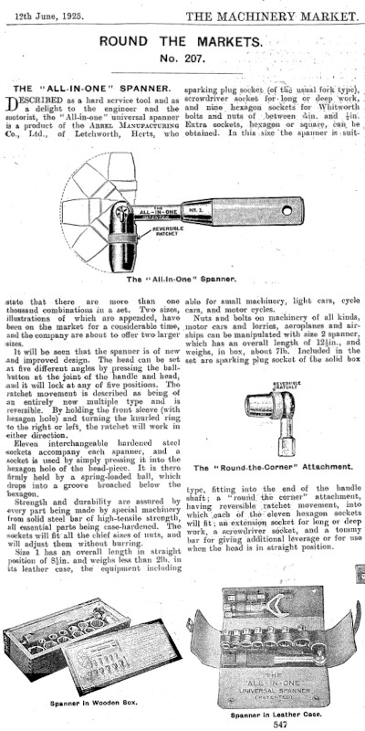 [June, 1925 Notice for All-in-One Whitworth Socket Set]