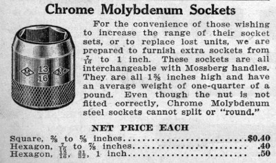 [1928 Catalog Listing for Mossberg Chrome-Molybdenum Sockets]