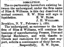 [1881 Notice of Dissolution of Bliss & Williams]