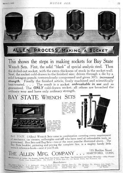 [1923 Ad for Allen Mfg. Bay State No. 19 Socket Set]