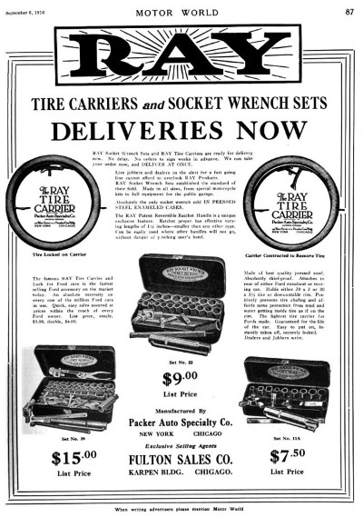 [1916 Ad for Ray Tire Carriers and Socket Sets]