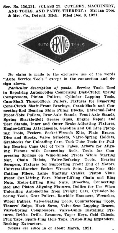 [1922 Trademark Application for Miller Tool]