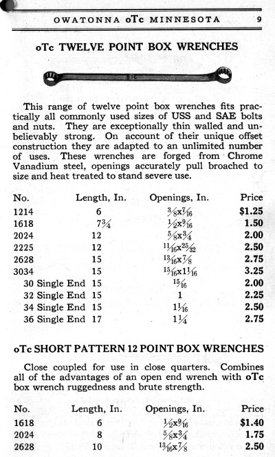 [1929 Catalog Listing for OTC Box-End Wrenches]