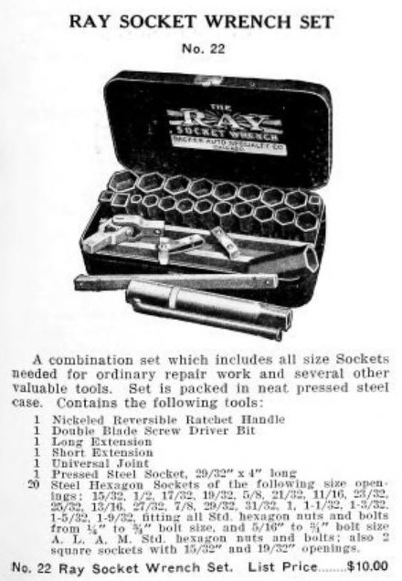 [1920 Catalog Listing for Ray No. 22 Socket Set]