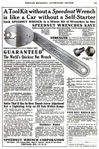 [1924 Ad for Speednut Wrench]
