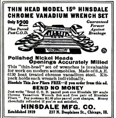 [1929 Ad for Hinsdale CV Wrenches]