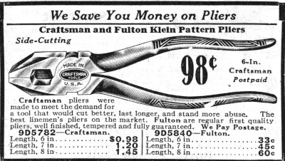 [1930 Catalog Listing for Craftsman Linemen's Pliers]