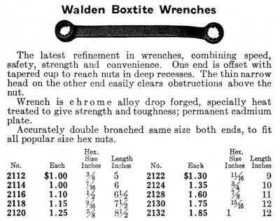 [1930 Czatalog Listing for Walden Boxtite Single-Offset Box Wrenches]