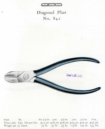 [1909 Catalog Listing of Utica No. 842 Diagonal Cutting Pliers]