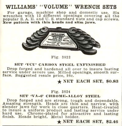 [1939 Catalog Listing for Williams Volume Wrench Sets]