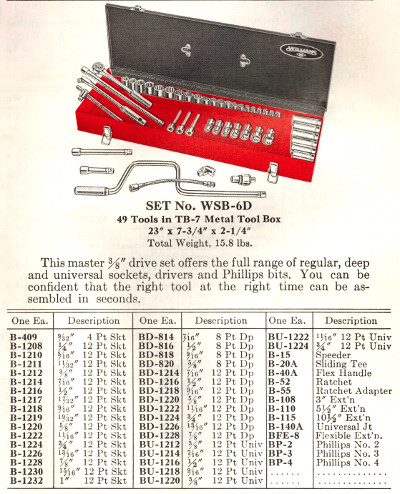 [1970 Catalog Listing for Williams WSB-6D Socket Set