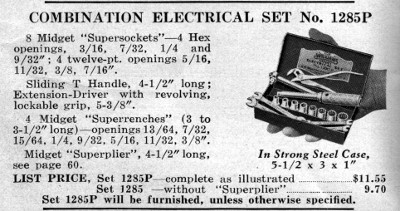 [1941 Catalog Listing for Williams No. 1285P 1/4-Drive Midget Electrical Set]