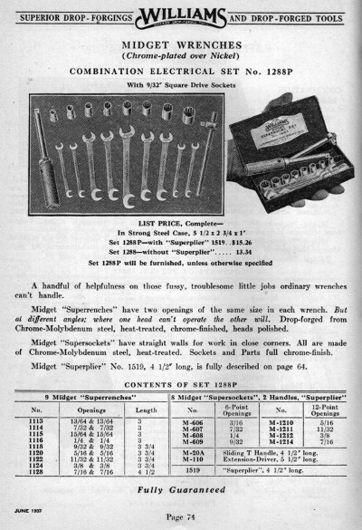 [1937 Catalog Listing for Williams No. 1288P Socket Set]